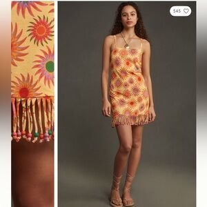 Farm Rio Yellow Sun Print Fringe Mini Dress